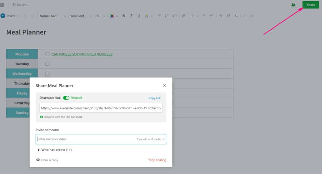 sharing notes in evernote