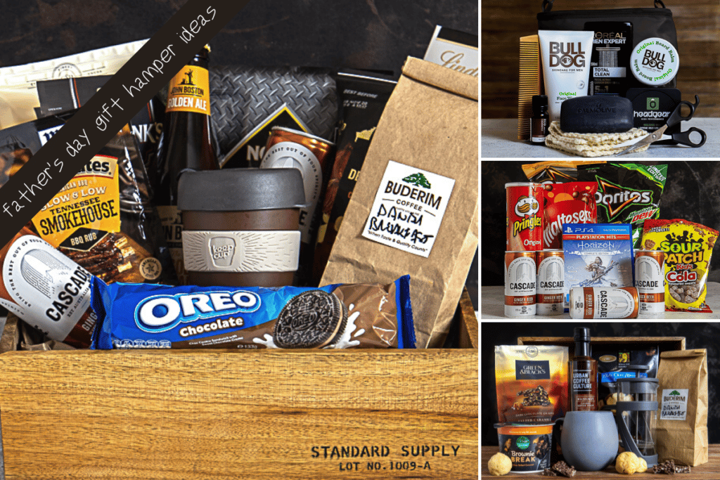 a selection of father's day gift hamper ideas for dad