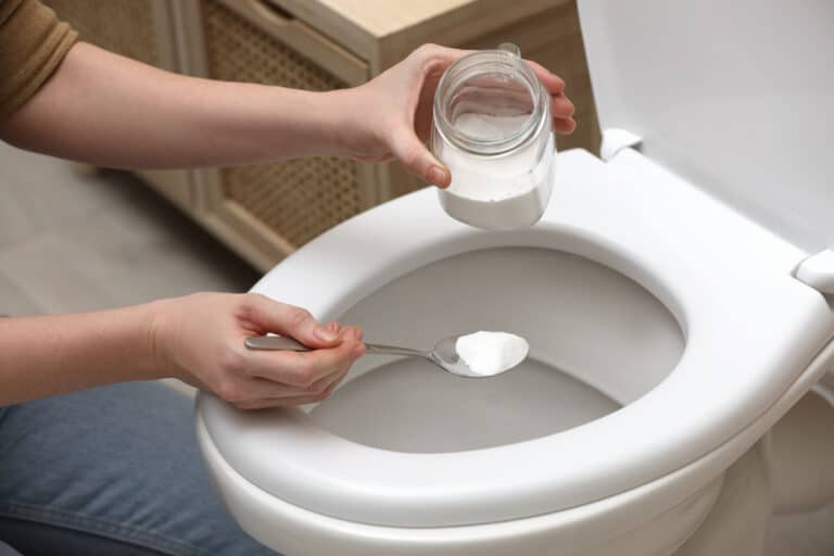 woman cleaning toilet with bicarb soda
