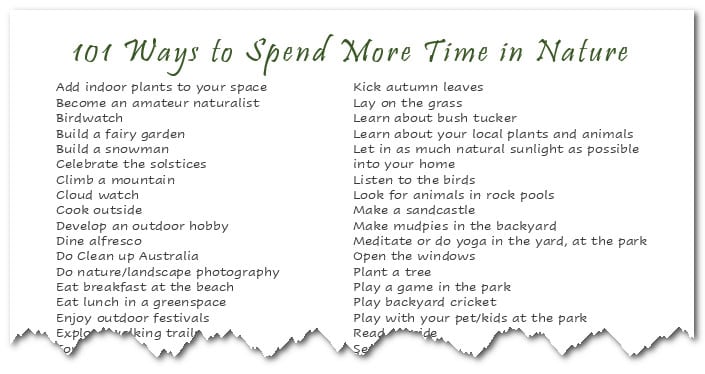 image of printable list of ways to spend more time in nature