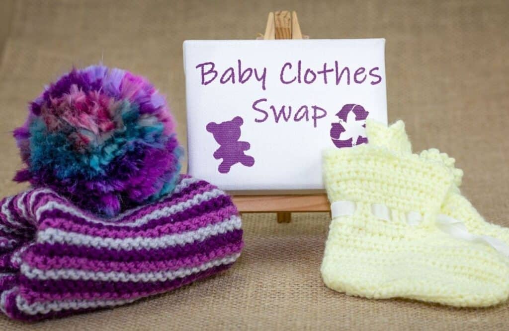 baby clothes swap sign with booties