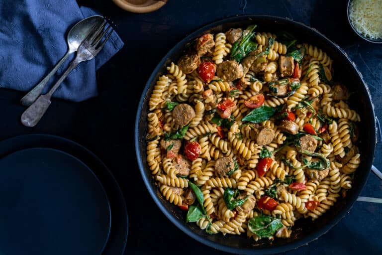 Creamy Sausage Pasta with Tomatoes {Budget Leftovers Meal}