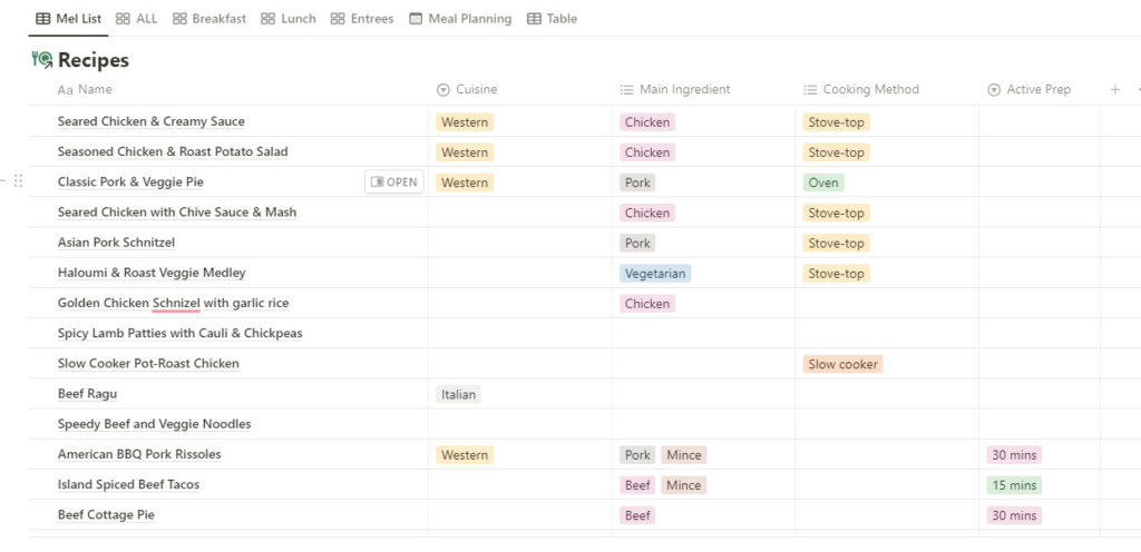 partially set up notion meal plan