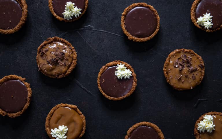 Mini Caramel and Chocolate Tarts with Easy Biscuit Bases