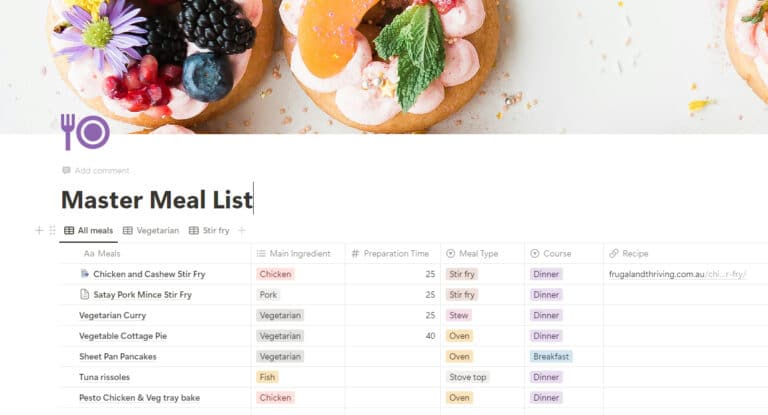 meal planning in notion recipe database