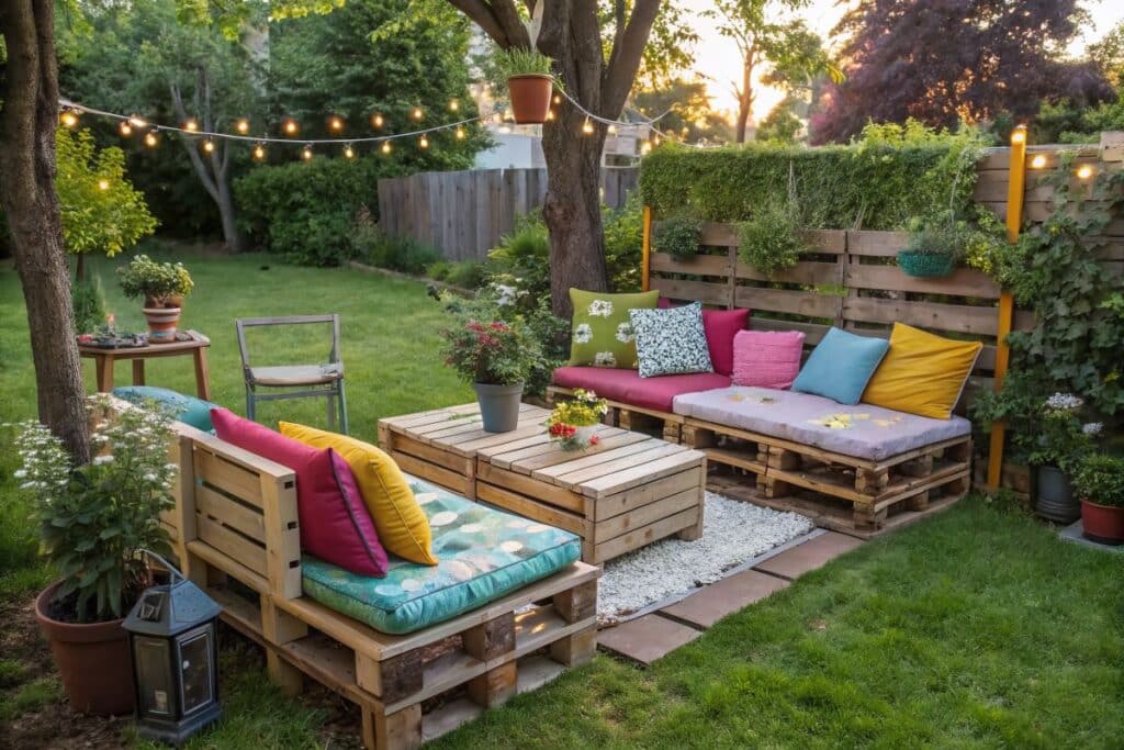 outdoor setting made from old pallets in garden fairy lights