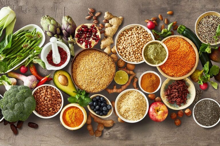 flat lay of staple foods and fresh produce representing the capsule meal planning concept
