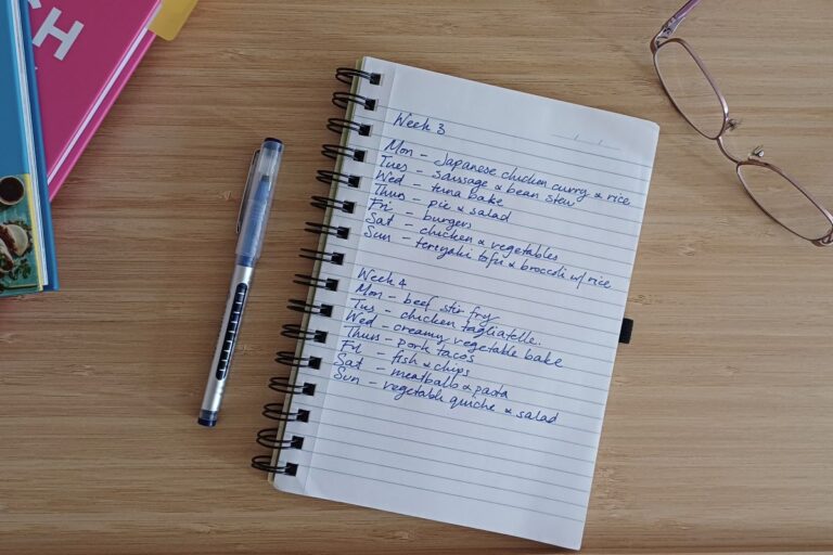 meal plan with pen, glasses, cookbooks