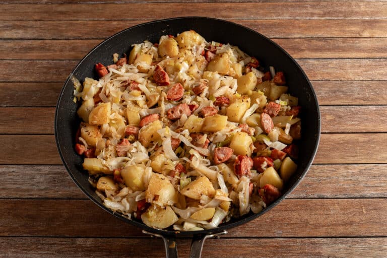 Kransky and Cabbage and potato one pan dinner