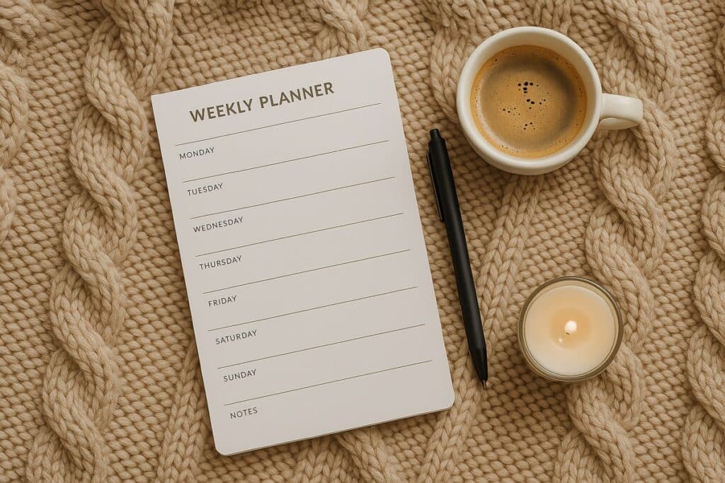 weekly planner on a knitted background with coffee and a candle
