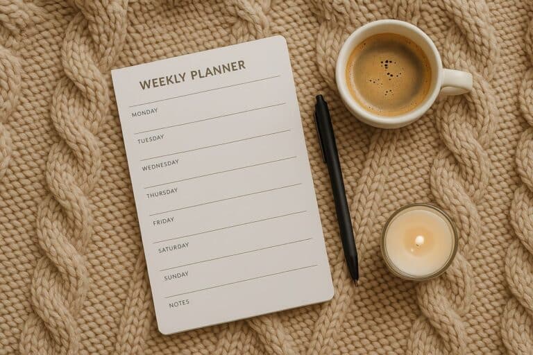 weekly planner on a knitted background with coffee and a candle